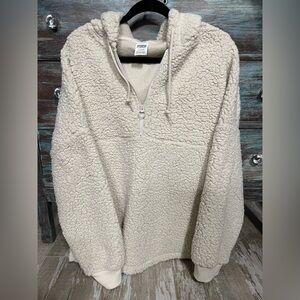 EUC!PINK Victorias Secret Cream Pullover 1/2 Zip Sherpa/Teddy/Hoodie!Cozy!Sz-L!